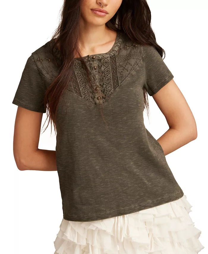 

Женская хлопковая футболка с вышивкой Henley Lucky Brand, черный