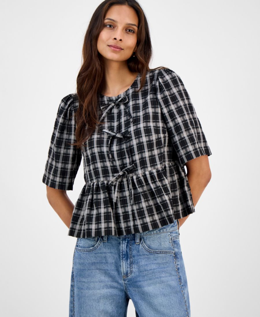 

Женская клетчатая блузка с завязками спереди и баской And Now This, Black