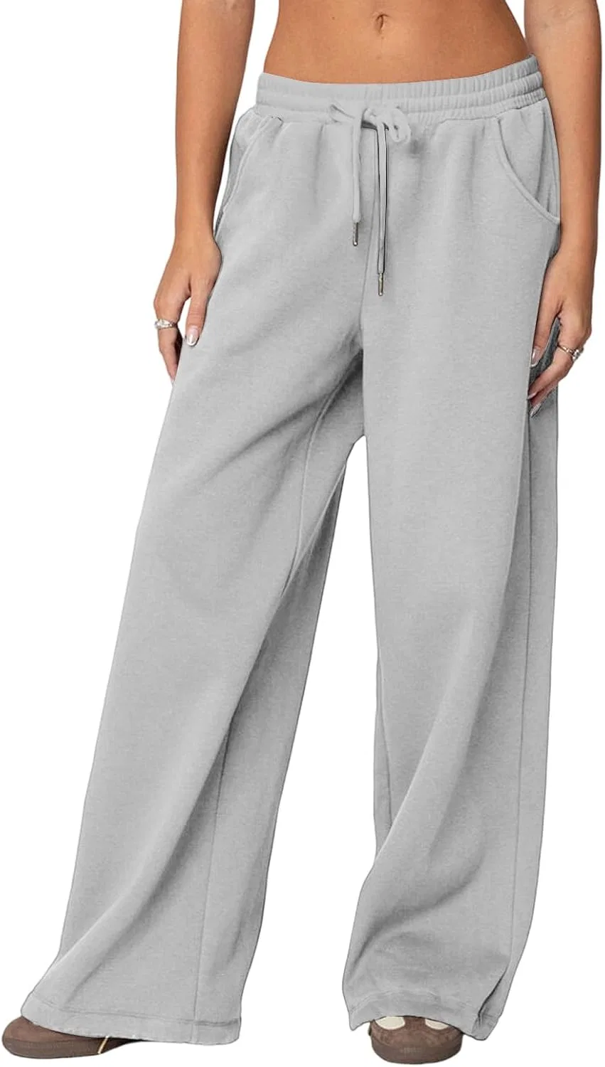 Повседневные брюки женские широкие sweatpants с высокой талией, карманами и шнурком, эластичные, мешковатые, свободные, удобные, в стиле streetwear Generic, серебряный