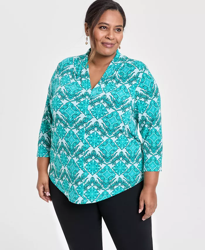 

Топ с принтом и рукавом 3/4, Plus Size JM Collection, синий