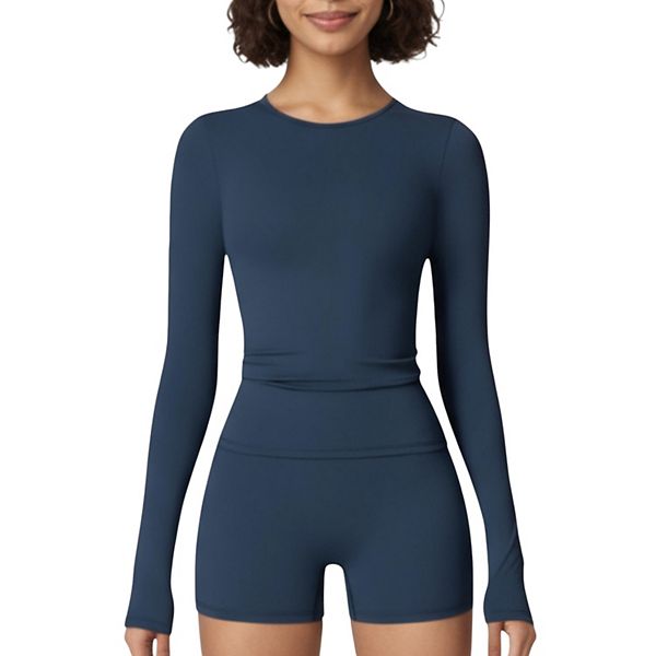 

Женский облегающий топ с длинным рукавом, манжетами для большого пальца и круглым вырезом Anna-Kaci, Navy