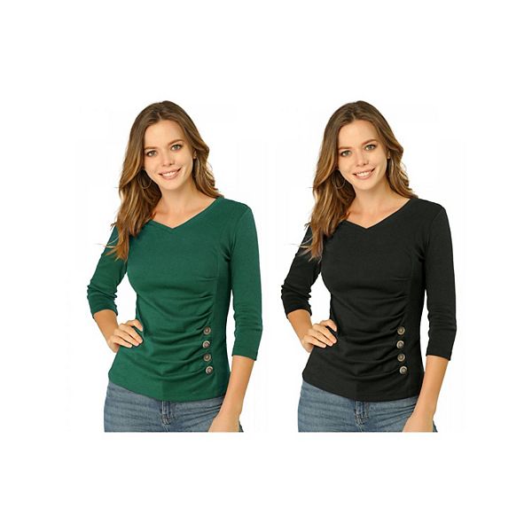 

2 упаковки женской блузы с декоративными пуговицами и v-образным вырезом Inspire Chic, Black Green