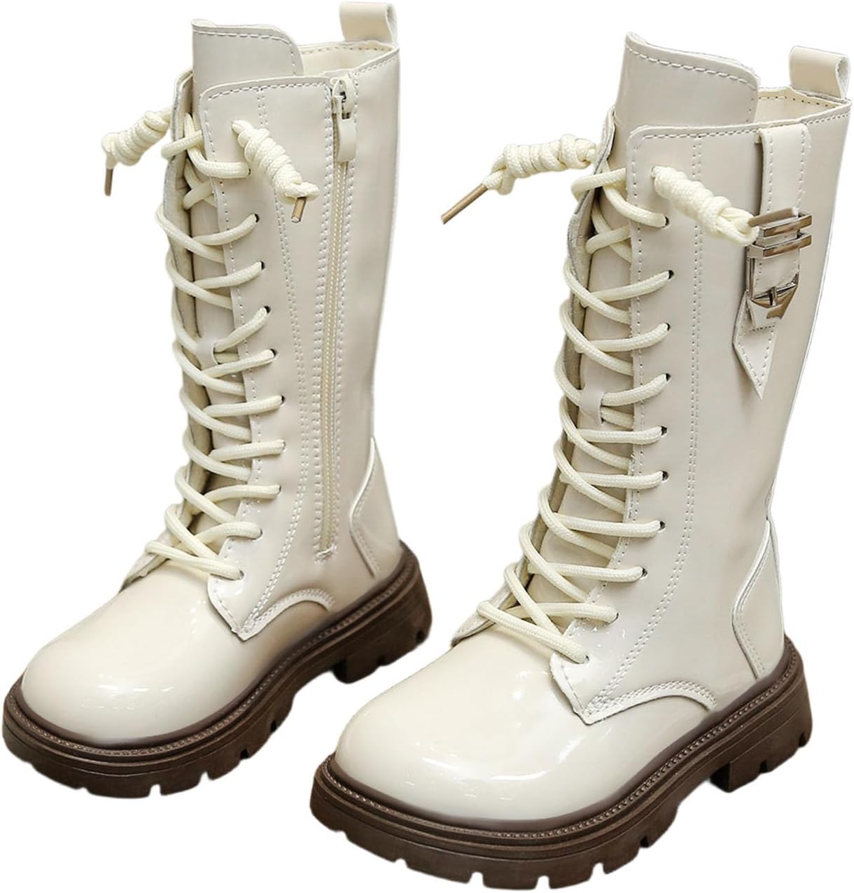 

Ботинки для девочек милые шнурованные байкерские ботинки средней длины, из искусственной кожи, ковбойские на платформе с круглым носком, модель на осень, стильная обувь Generic, C- White