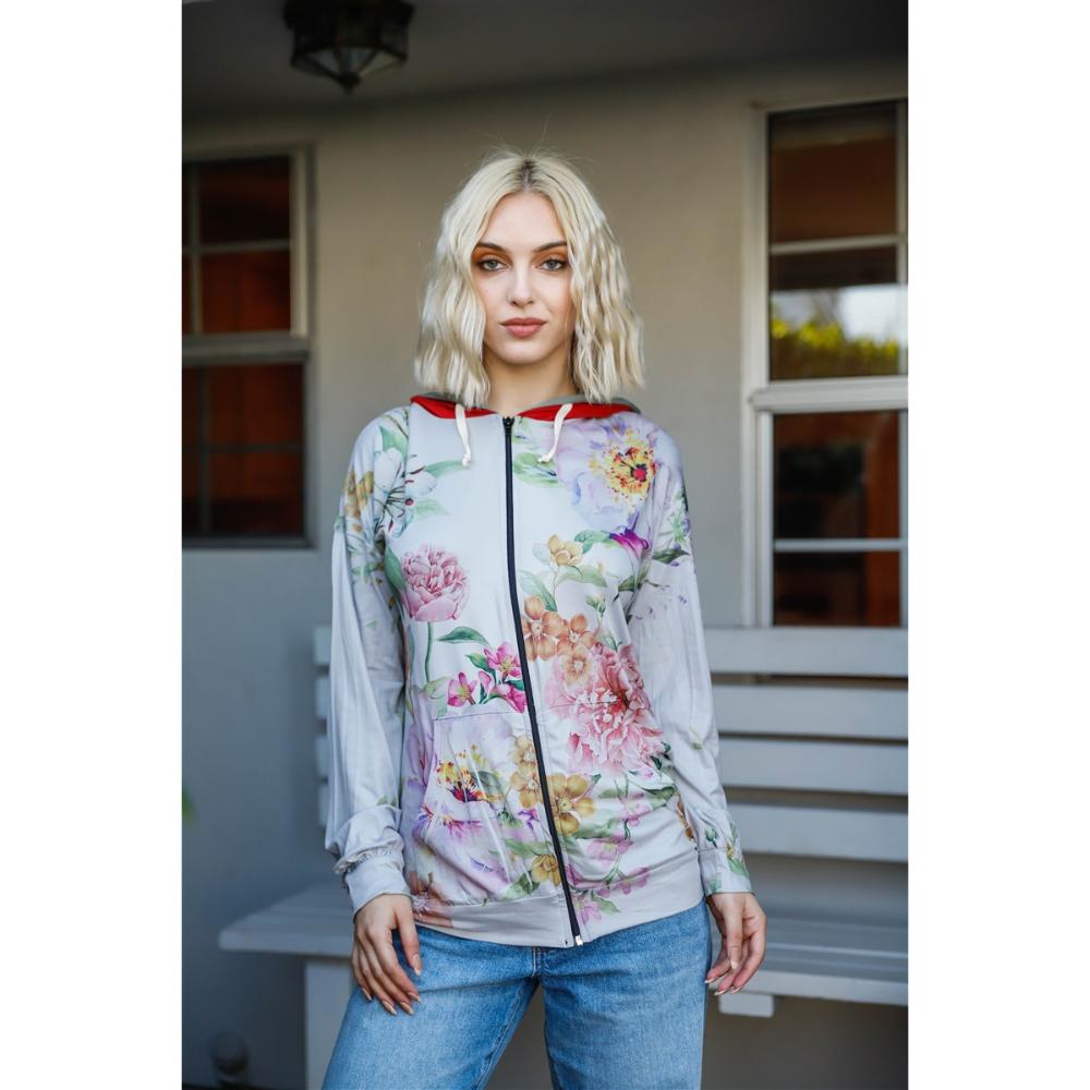 

Серо-розовый цветочный принт Контрастный двойной капюшон свитер FASHNZFAB