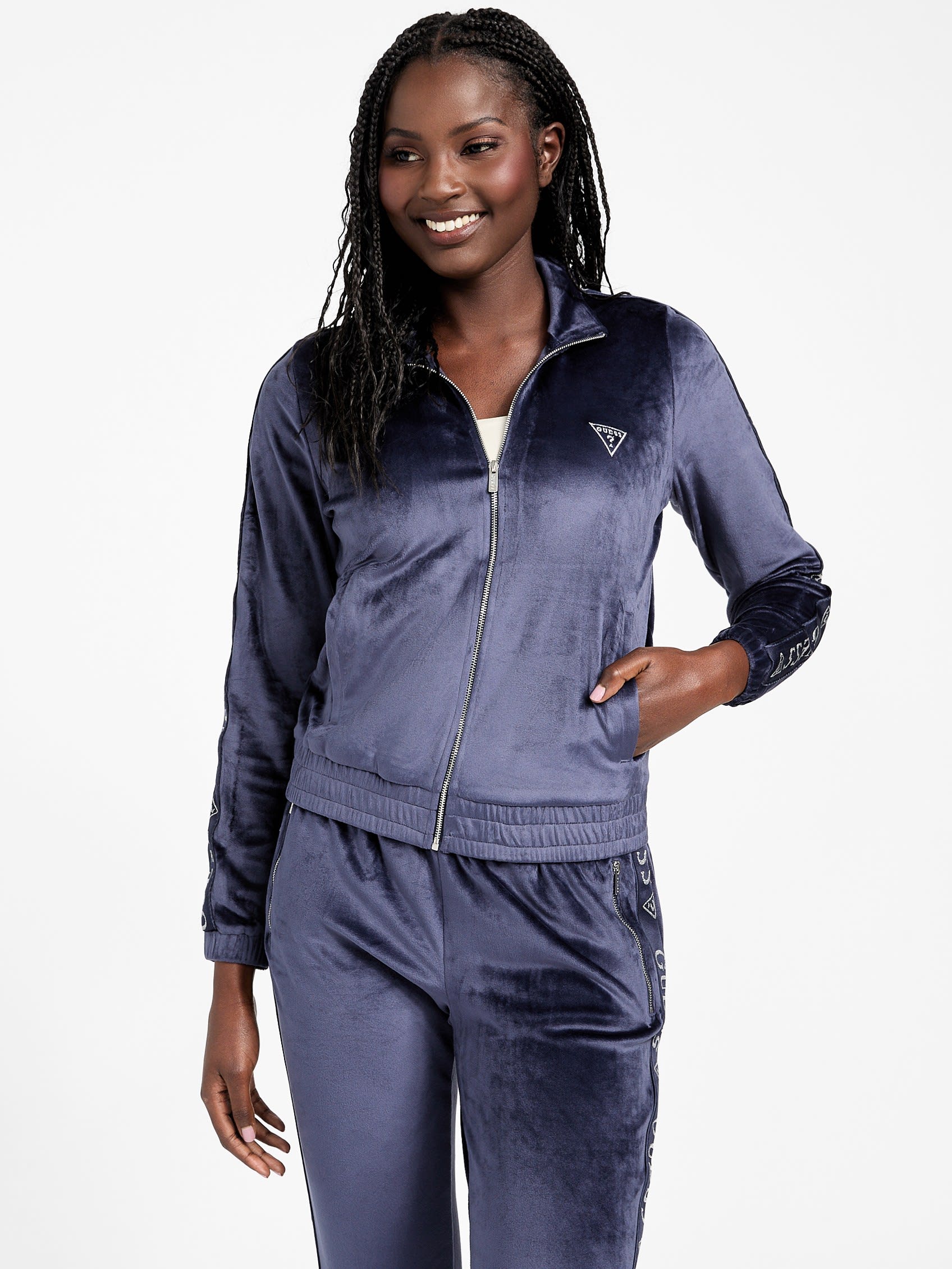 

Велюровая куртка с логотипом и лентой Eco Janess Guess Factory, цвет nocturnal navy