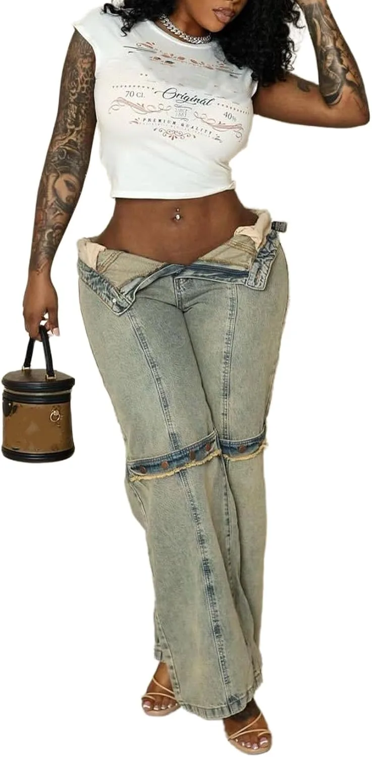 

Женские джинсы boyfriend с завышенной талией и прямыми широкими штанинами YOUSHIKOU