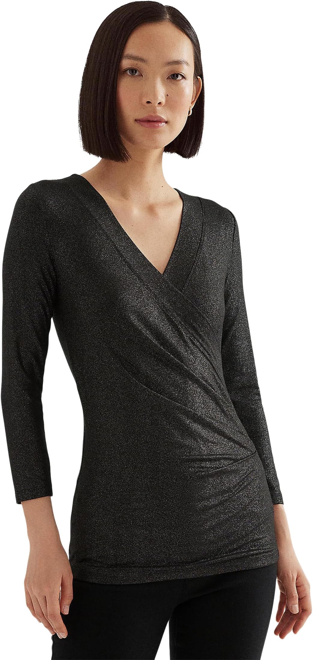 

Топ Lauren Ralph Lauren Metallic Jersey Surplice Top, цвет Black/Silver Foil
