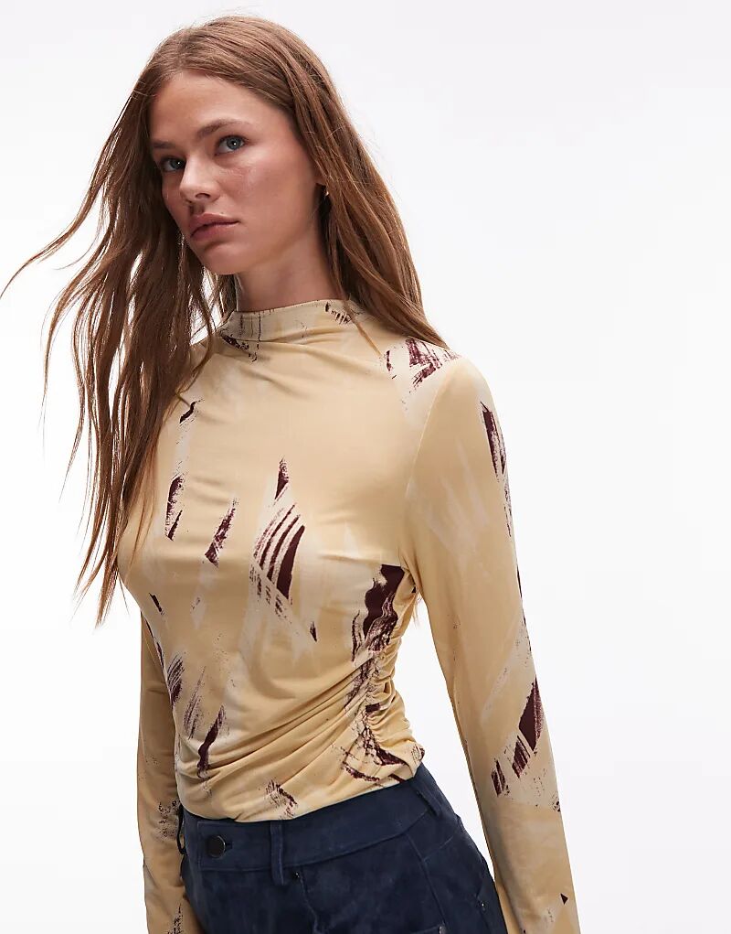 

& Other Stories трикотажная кофта с рюшами по бокам и длинными рукавами с желтым абстрактным принтом