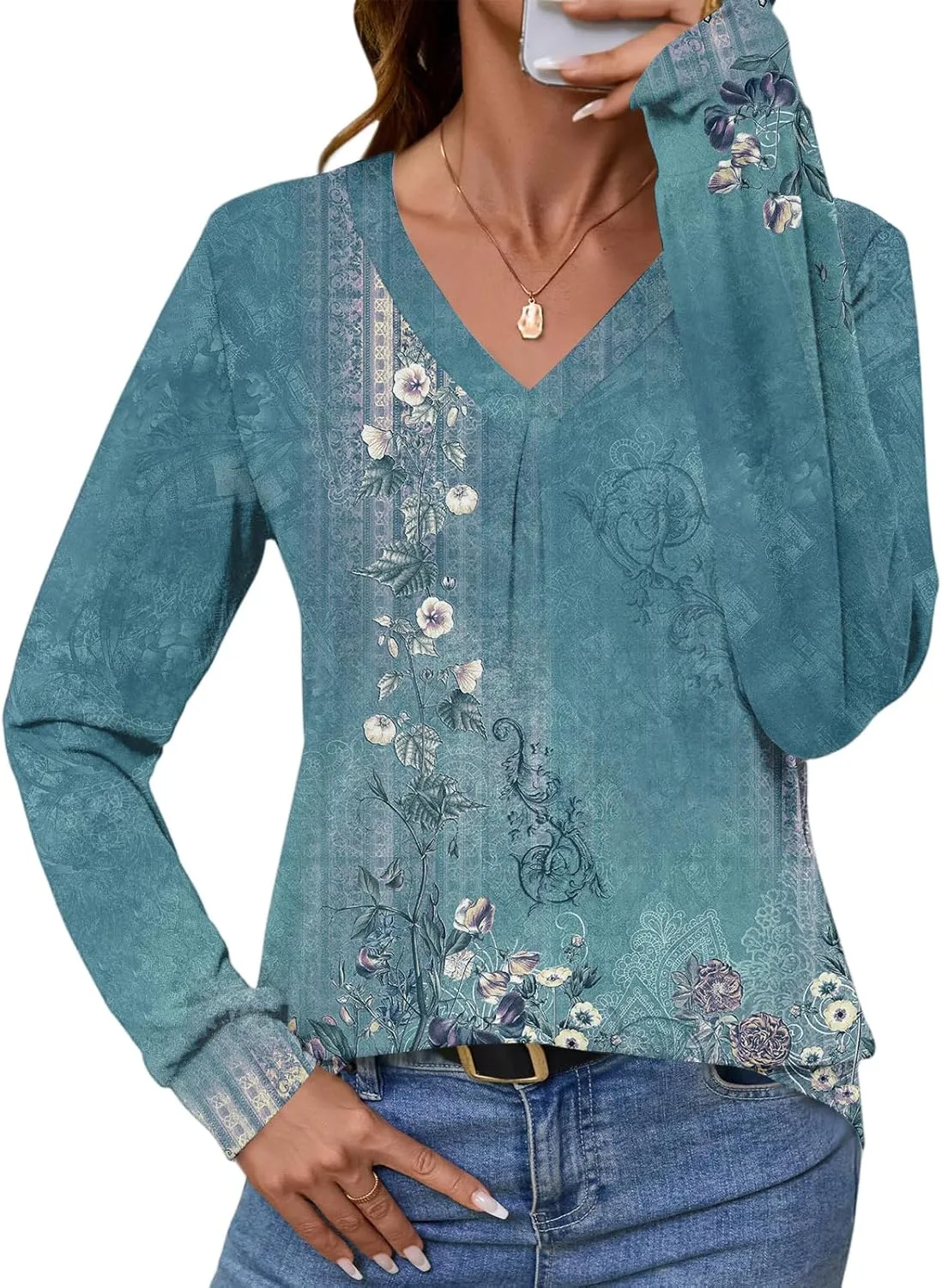 

Длинная блузка с V-образным вырезом и принтом FQZWONG