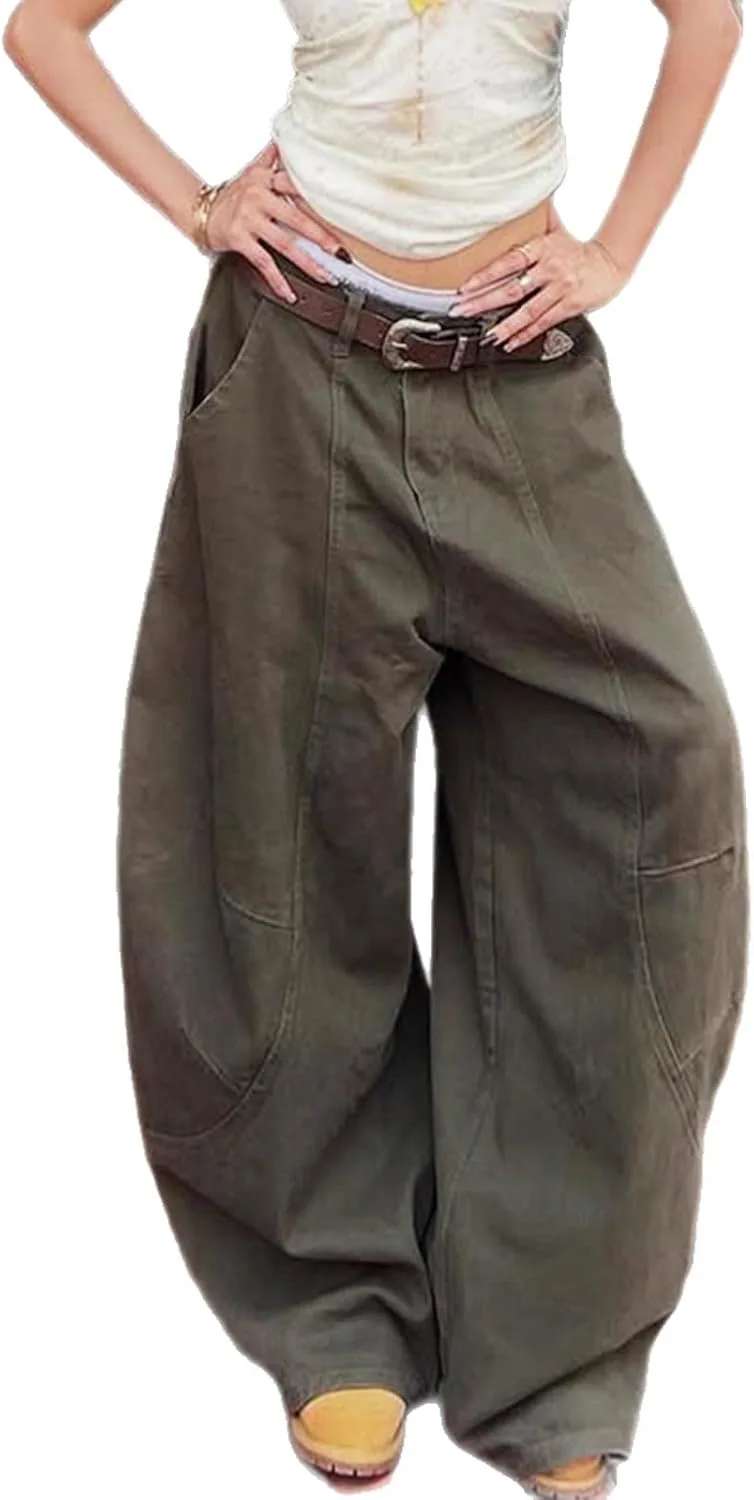 

Женские джинсы barrel wide leg cotton loose y2k baggy boyfriend зеленые Pooyikoi