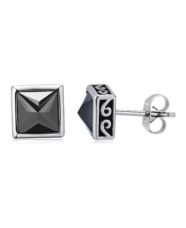 

Квадратные серьги-гвоздики из нержавеющей стали с черным фианитом и греческим узором Metallo, silver