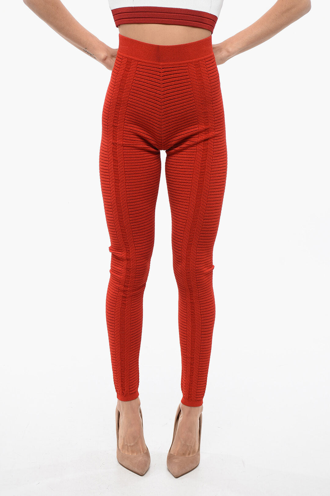 

Леггинсы Balmain Knitted с высокой талией и молнией, красный