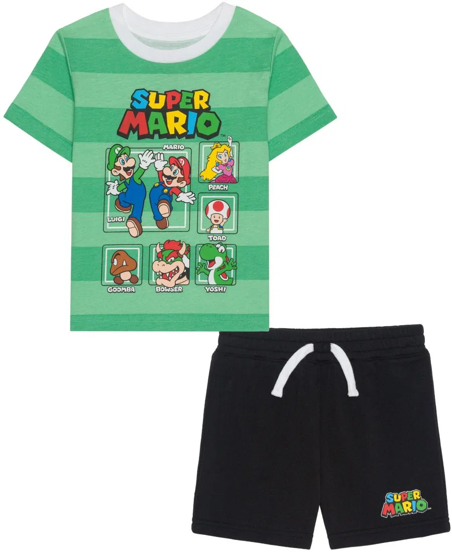 Детский комплект для мальчиков 2T-5T: футболка и шорты Super Mario & Friends, 2 предмета Mario Bros., зеленый/черный