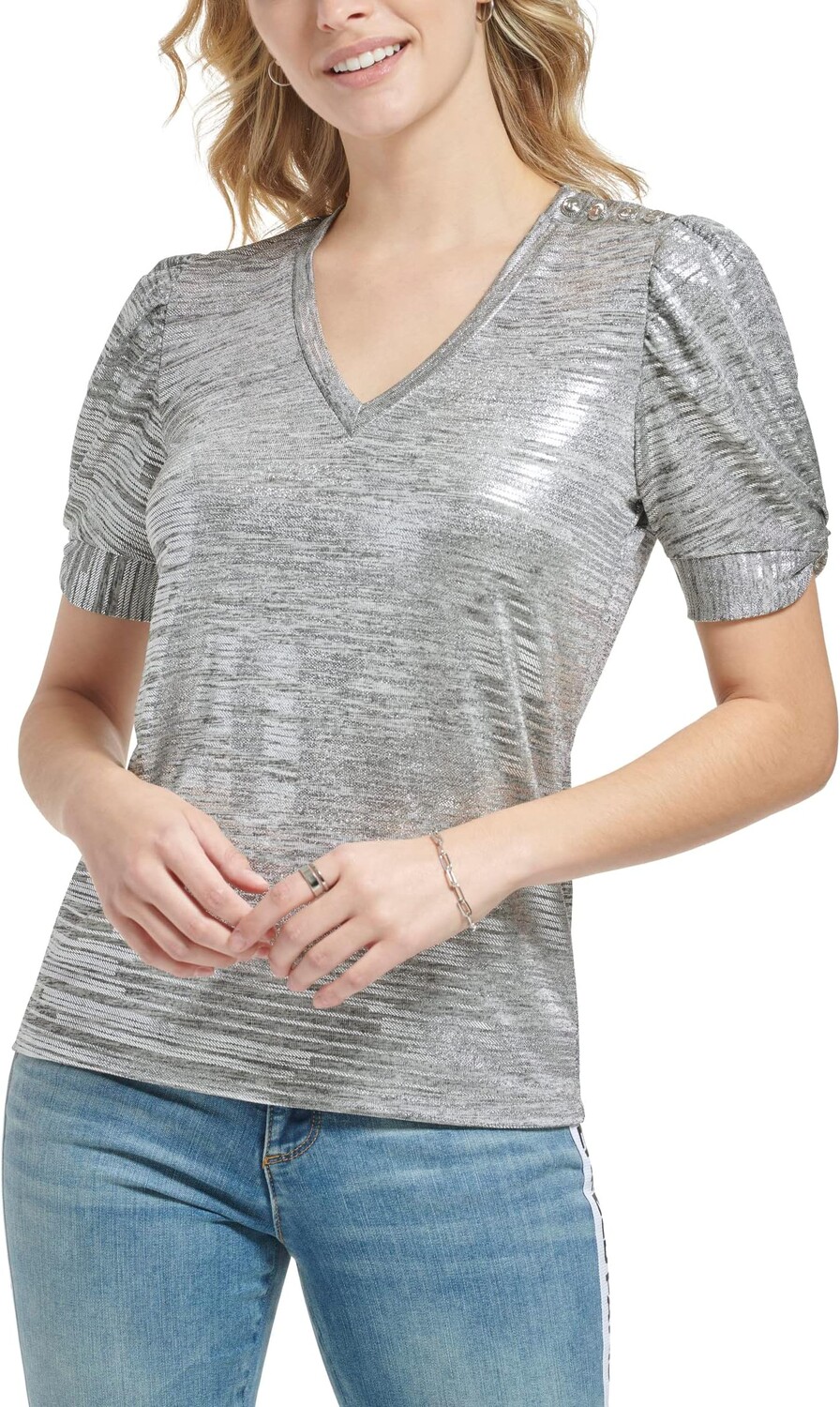 

Топ Karl Lagerfeld Paris Short Sleeve V-Neck Knit, цвет Silver/Grey Heather