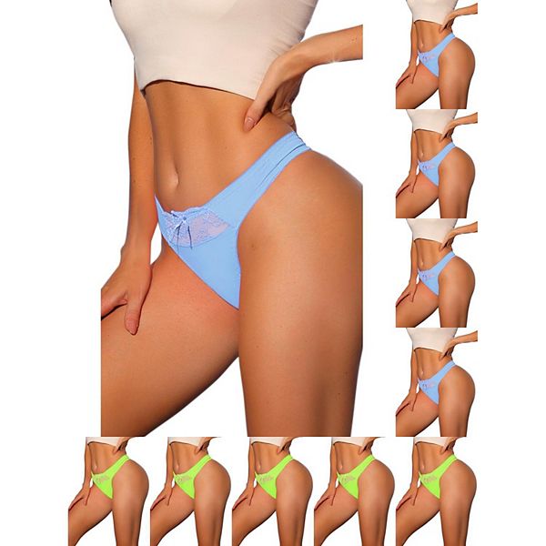 

10 пар женских бикини-трусиков с низкой посадкой из сатина с эластичным кружевом на поясе Inspire Chic, Green Bright Blue
