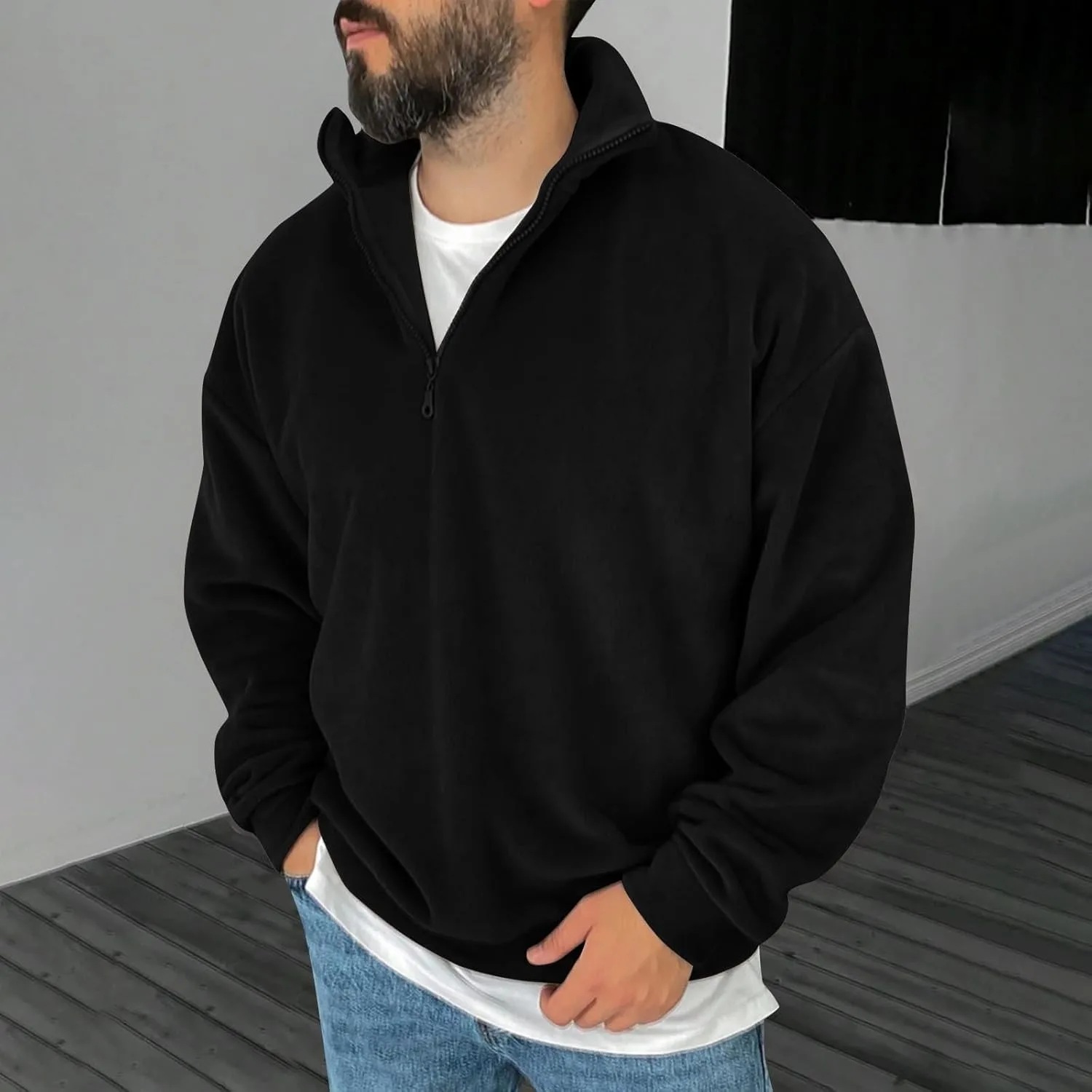 Толстовка Quarter Zip для мужчин, осень-зима, теплая, с длинными рукавами и воротником-стойкой — фото 2