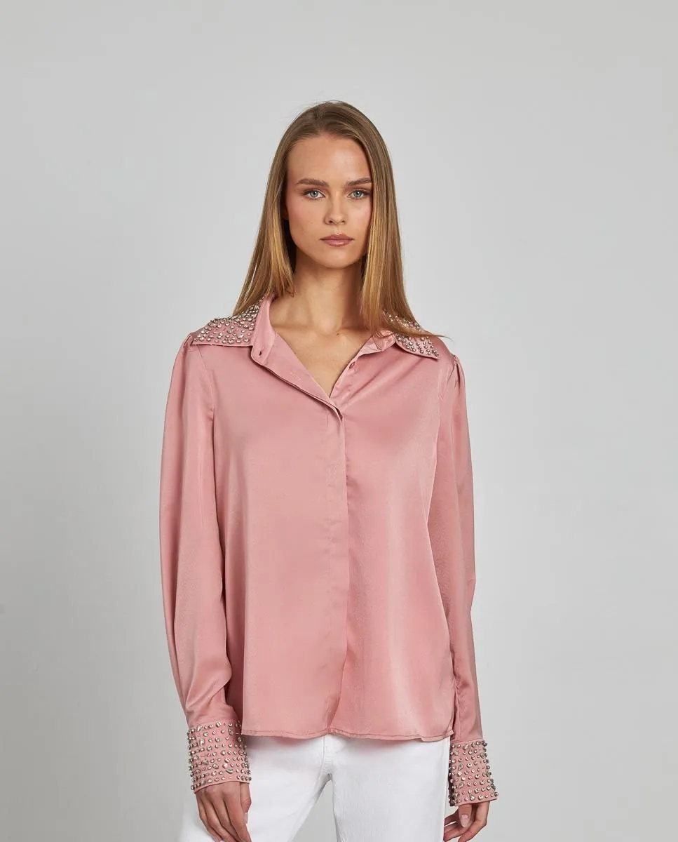 

Женская атласная блузка с длинными рукавами, украшенная стразами на манжетах и воротнике Alma En Pena, розовый