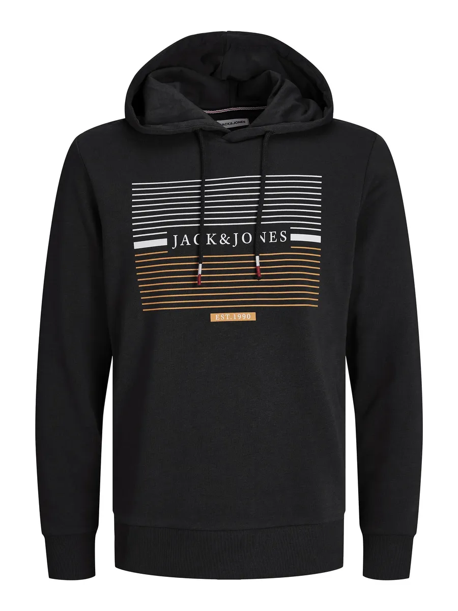 

Толстовка Jack & Jones "JJCYRUS SWEAT HOOD: удобный смесовый хлопок с крутым резиновым принтом", универсальная толстовка: приятный свитер, черный