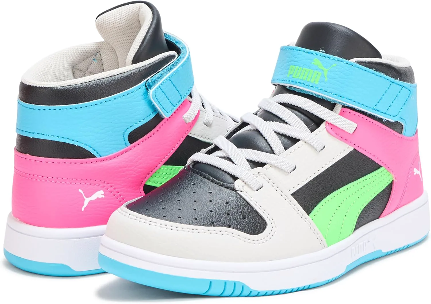 Кроссовки PUMA для детей Rebound Layup Mid на липучках, черный/зеленый/серый — фото 3