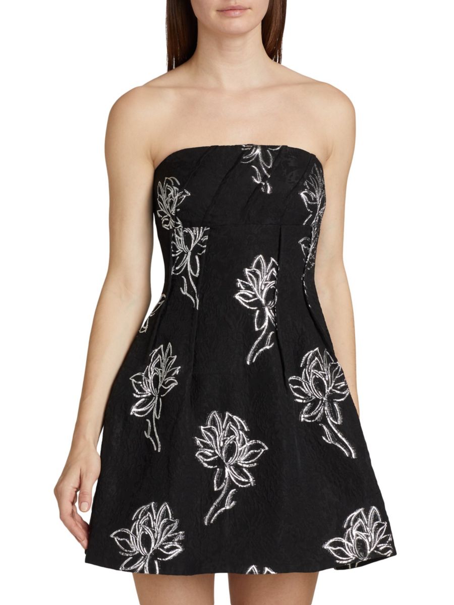 

Мини-платье без бретелек с цветочным жаккардом Naomi ML Monique Lhuillier, цвет Black Silver