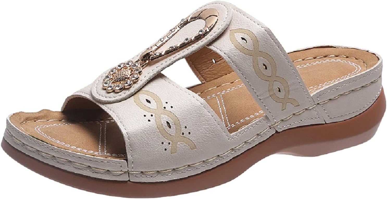 

Ортопедические сандалии для женщин с поддержкой свода стопы, сандалии на танкетке, модные бохо-сандалии с бусинами и стразами, платформенные шлепанцы на ногах, удобные для ходьбы, пляжная обувь Generic, белый