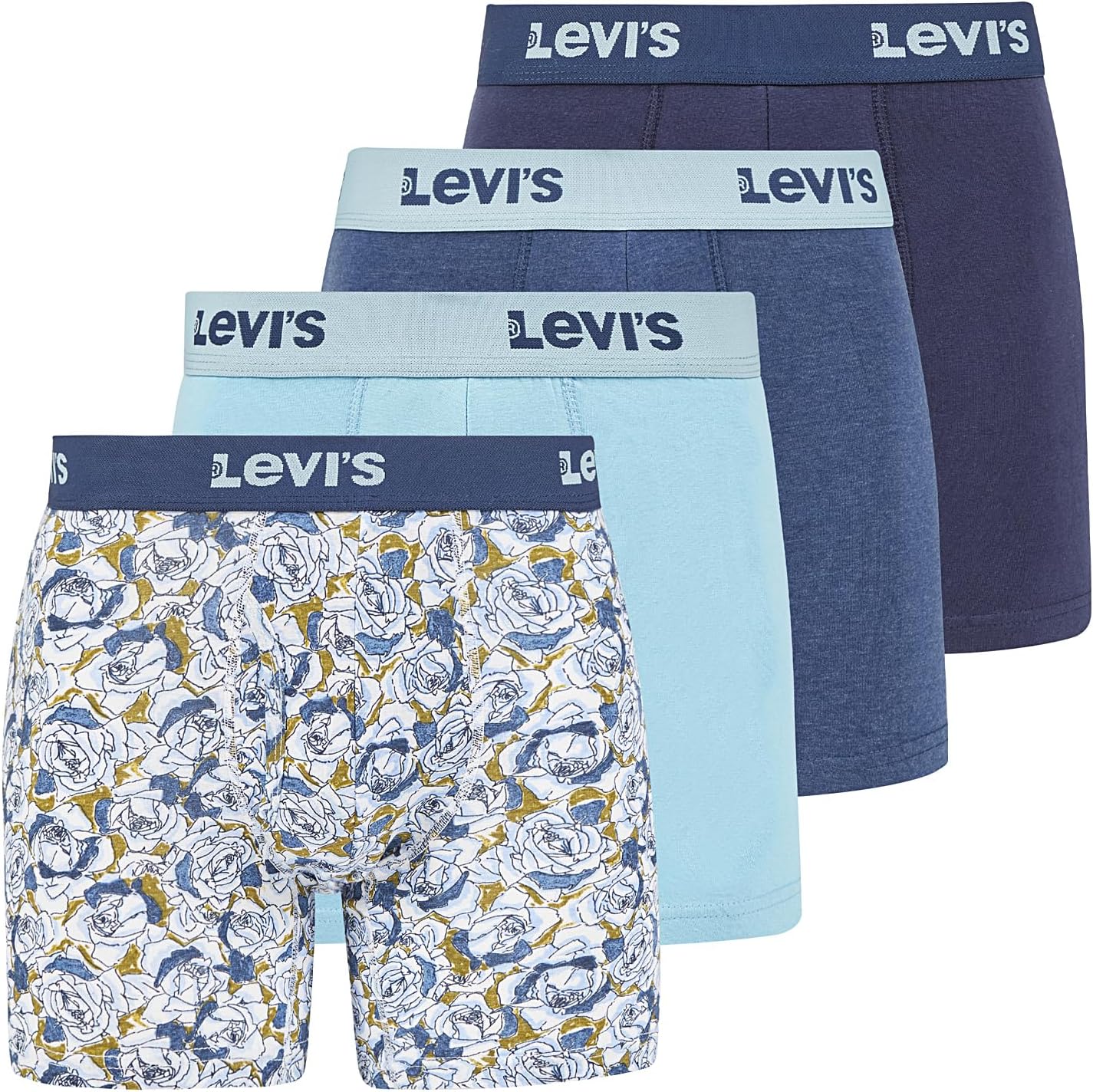 

Мужские трусы-боксеры Levi's, дышащие, эластичные, 4 пары, Floral,Serenity Naval,Academy,Heather Navy