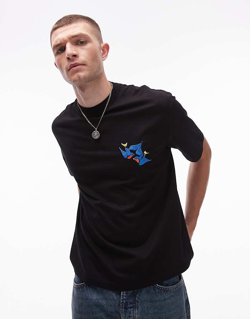 

Черная укороченная футболка оверсайз с вышивкой в ​​виде ласточки Topman