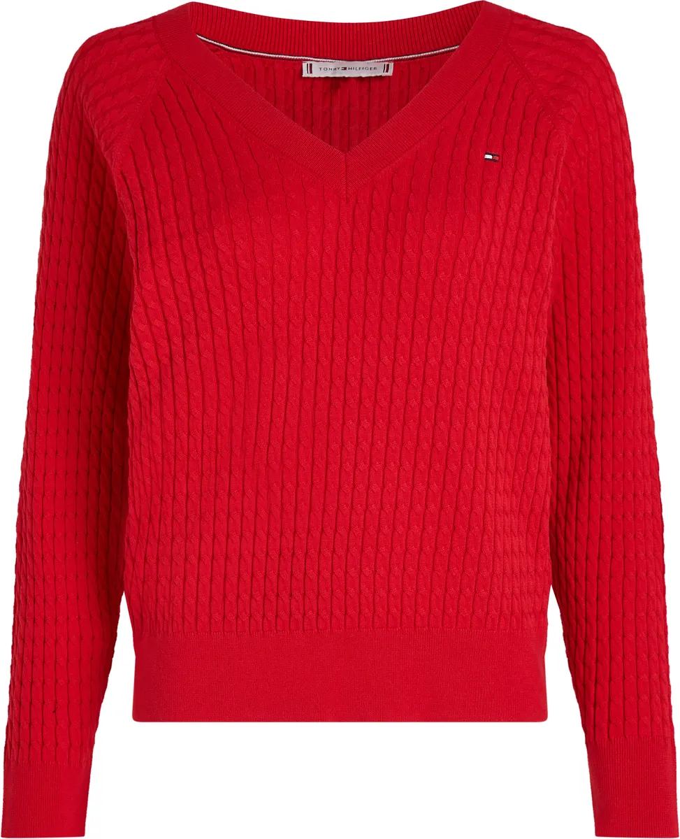 

Вязаный свитер Tommy Hilfiger "CO CABLE V-NK SWEATER", с узором кос, V-образный вырез, красный