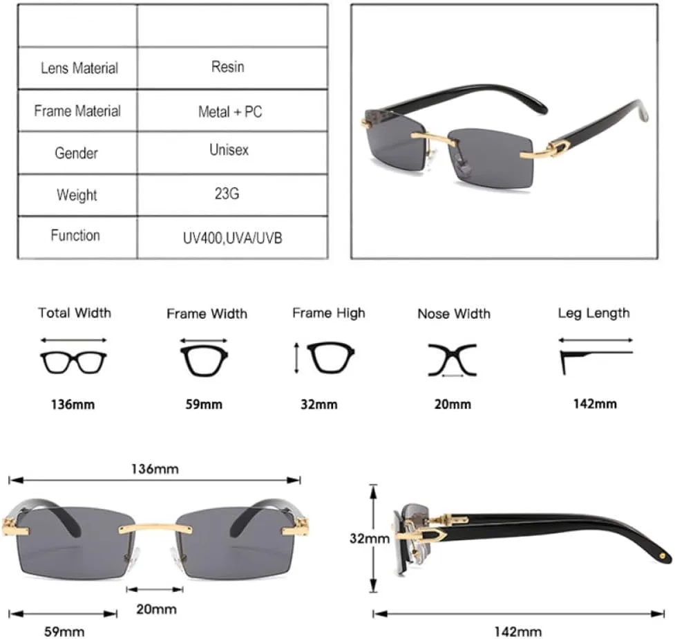 

2027 Модные маленькие прямоугольные солнцезащитные очки для женщин, ретро-очки без оправы с цветным градиентом, мужские квадратные очки UV400 MTZJH, Black Clear