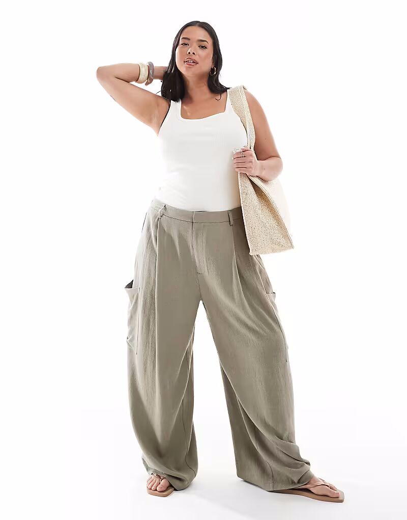 

Брюки-бочонки из смеси льна ASOS DESIGN Curve оливкового цвета