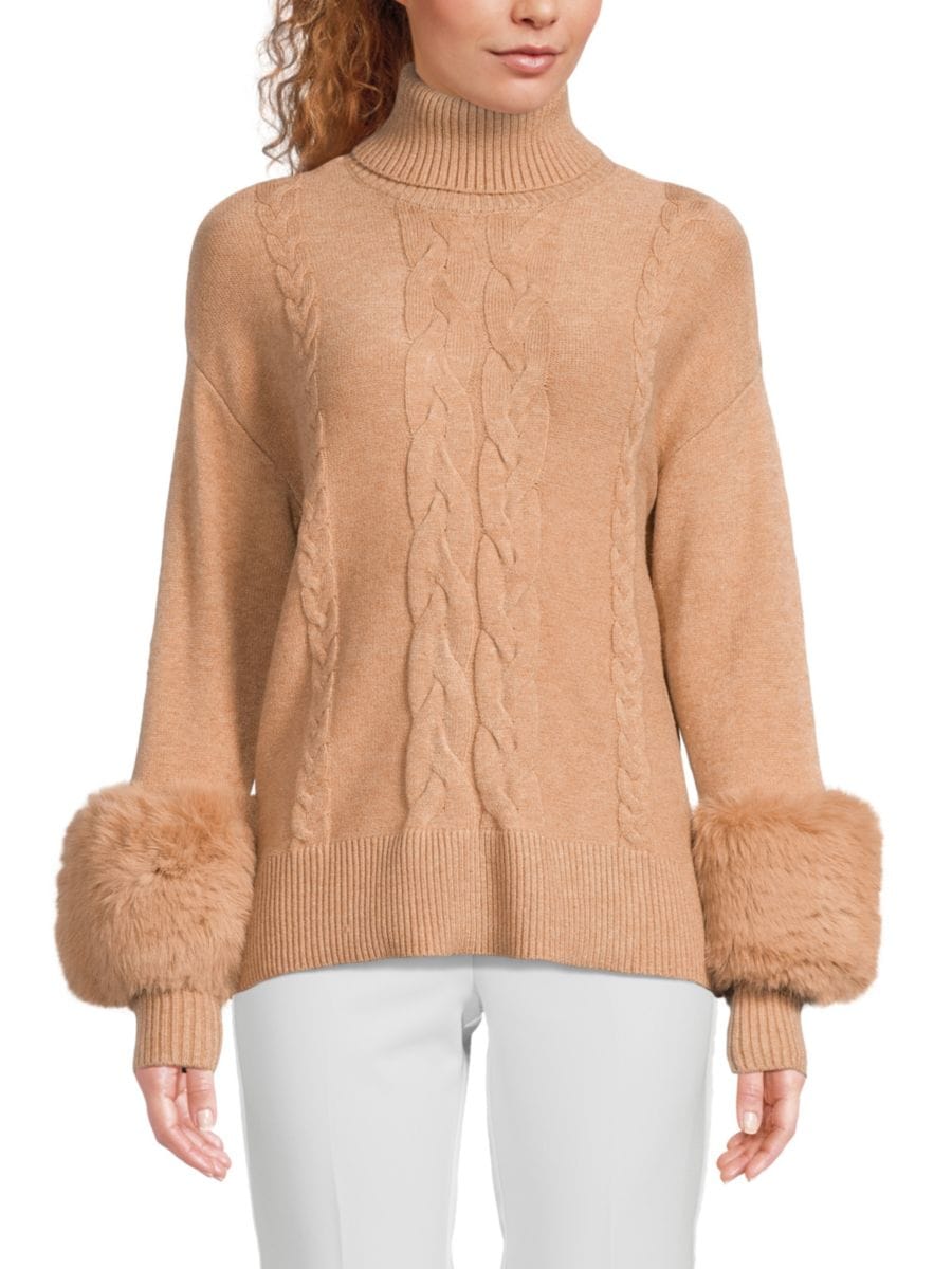 

Свитер косовой вязки с отделкой из искусственного меха Saks Fifth Avenue, цвет New Camel