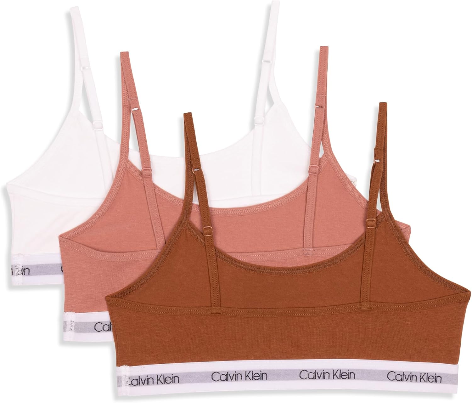 Укороченные хлопковые бюстгальтеры-бралетты Calvin Klein для девочек, упаковка из 3 шт., Modern Rose/Booming Brown/White — фото 2