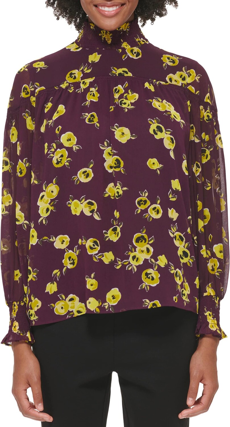 

Топ Calvin Klein High Neck Smocked Long Sleeve, цвет Aubergine Combo 2