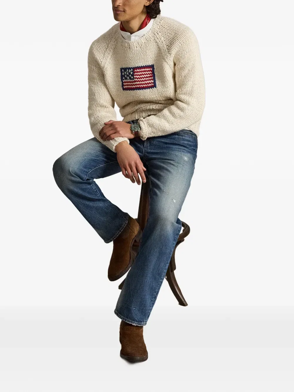 Толстый вязаный свитер с флаговым интарсионным узором POLO RALPH LAUREN, бежевый — фото 2