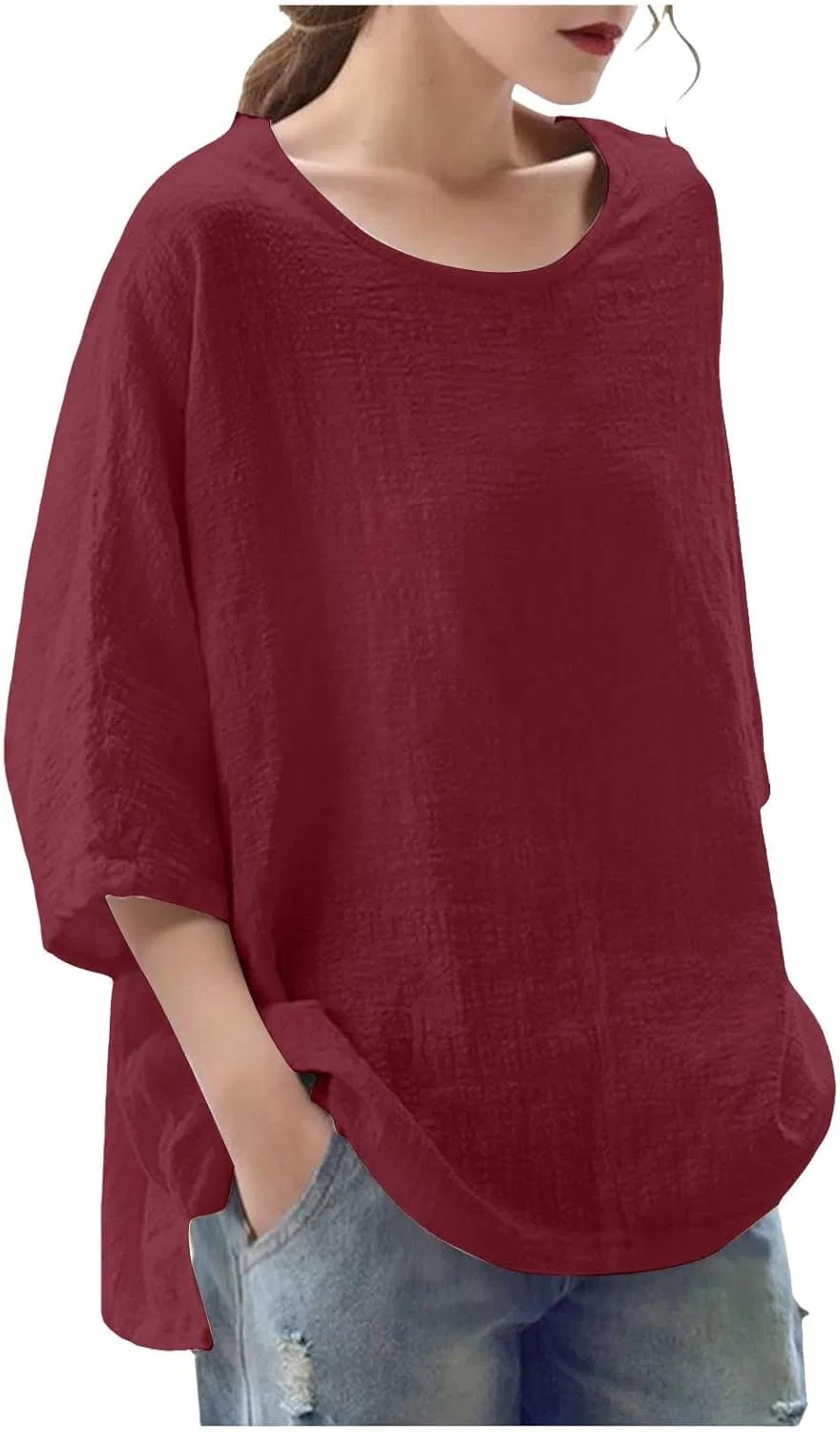 Футболка из хлопка и льна, повседневная, Oversize, красный