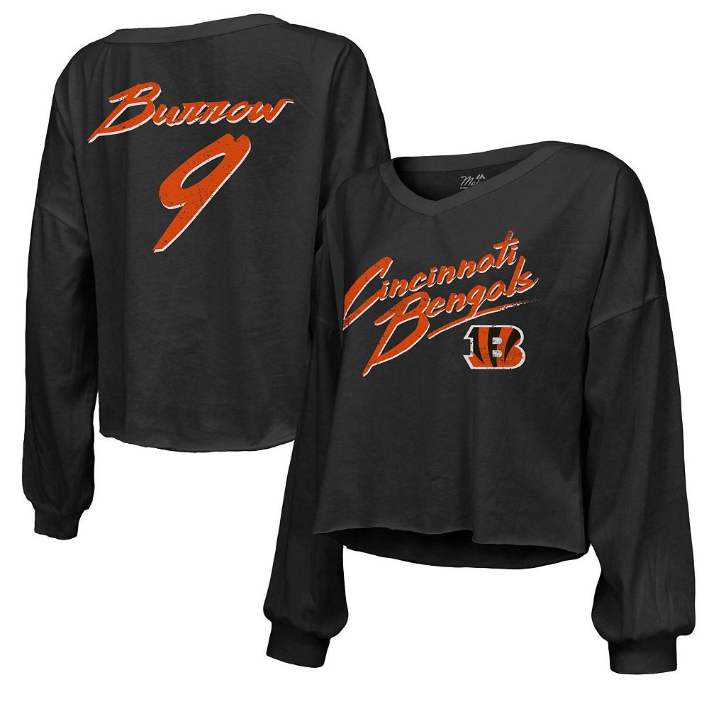 

Женская укороченная футболка с открытыми плечами и надписью Majestic Threads Joe Burrow Black Cincinnati Bengals с v-образным вырезом и длинными рукавами, цвет Bng Black