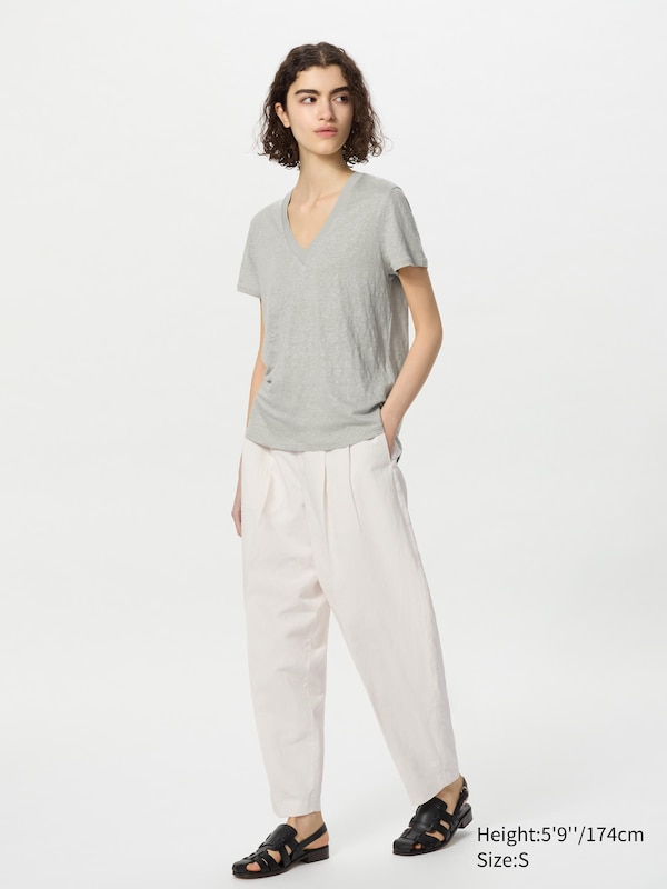 Футболка из льна с v-образным вырезом Uniqlo, белый — фото 2