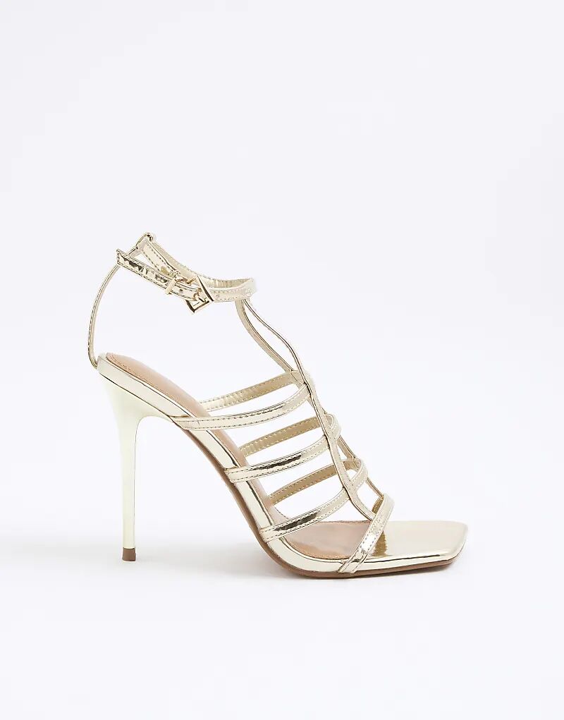 Босоножки River Island Strappy на каблуке с перемычкой, золотистого цвета — фото 2