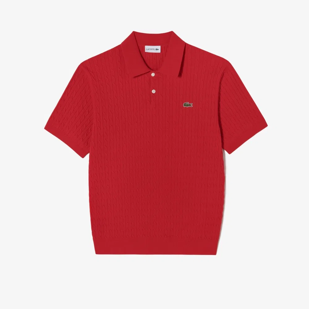 Мужской вязаный свитер-поло с коротким рукавом и косами, красный, от Lacoste