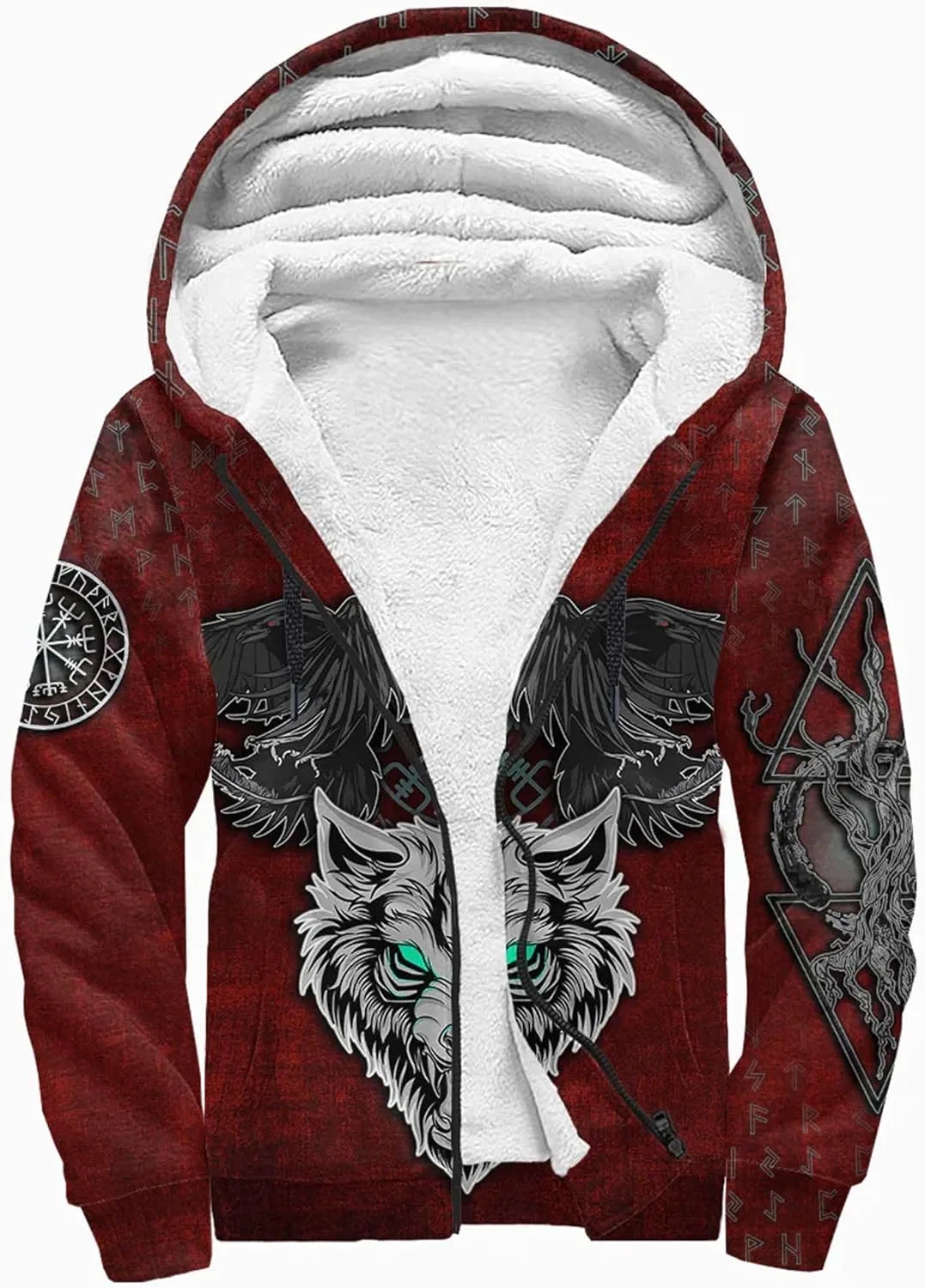 Мужская теплая зимняя куртка Viking Fenrir Wolf Tattoo, толстовка на молнии с 3D-принтом и подкладкой из искусственной шерпы, теплая накидка с капюшоном, парка средней длины — фото 2