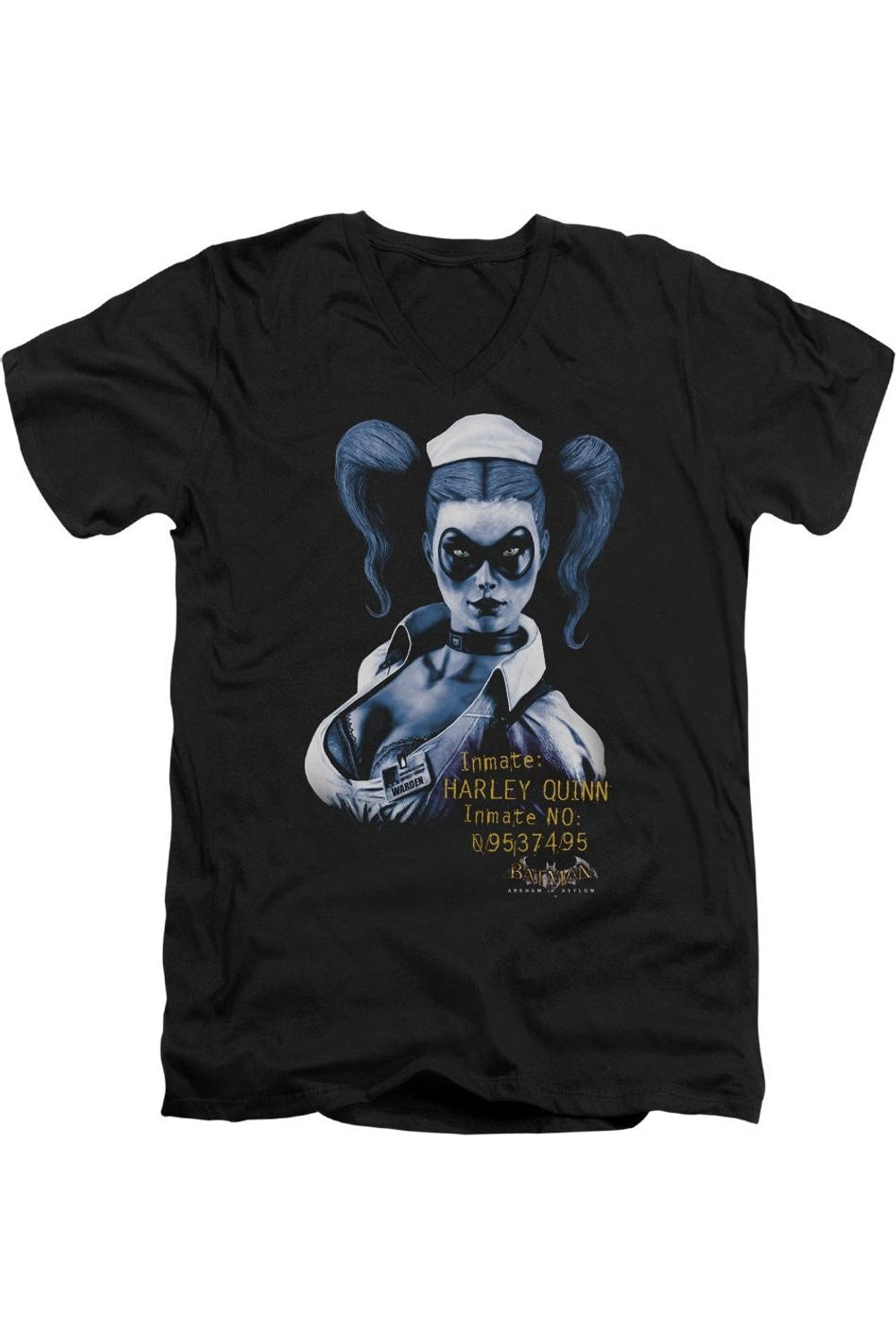 

Футболка с коротким рукавом и V-образным вырезом для взрослых Batman Arkham Asylum Arkham Harley Quinn Gildan, черный