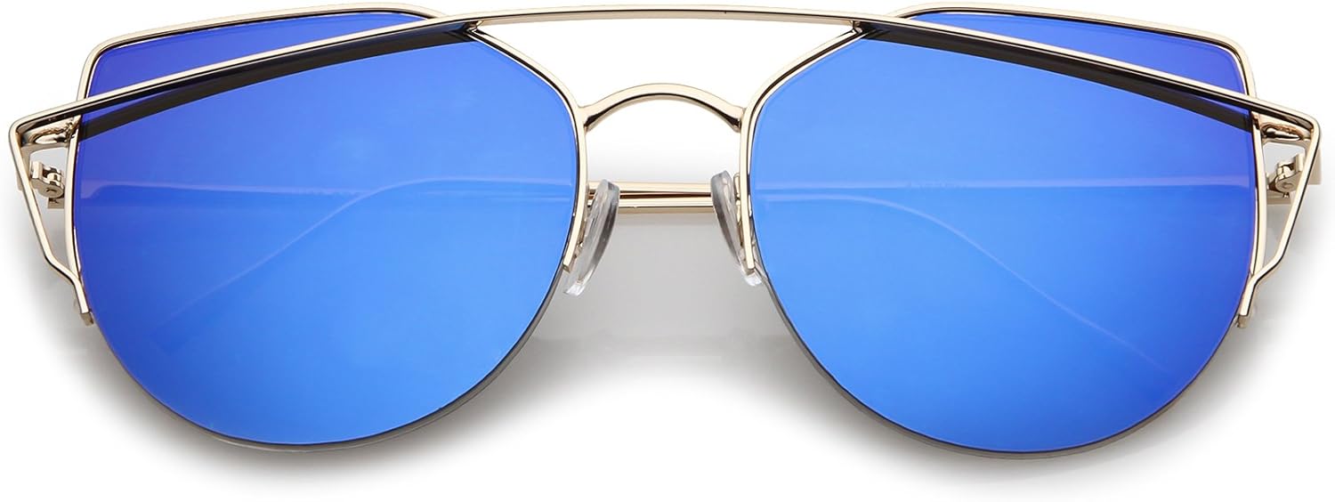 

zeroUV - Женские полуободковые солнцезащитные очки с металлической перемычкой над переносицей, круглыми зеркальными плоскими линзами и оправой «кошачий глаз», Gold / Blue Mirror