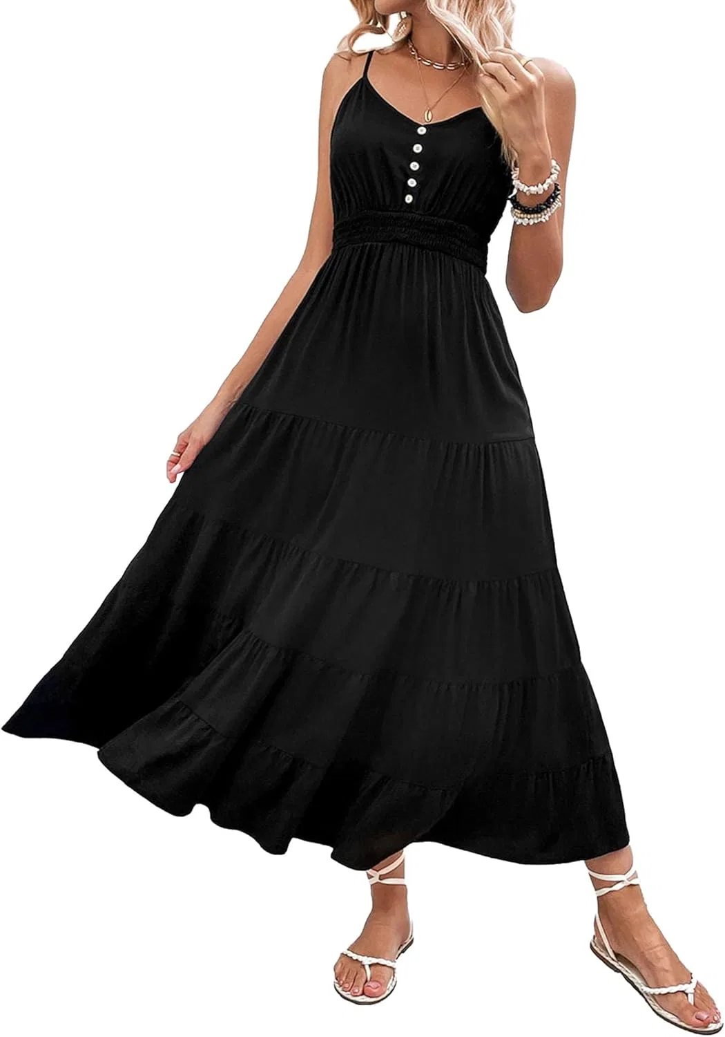 generic Летнее платье макси Sun Dresses для пляжа и отпуска, на тонких бретелях, с V-образным вырезом и открытой спиной, с разрезом, черное