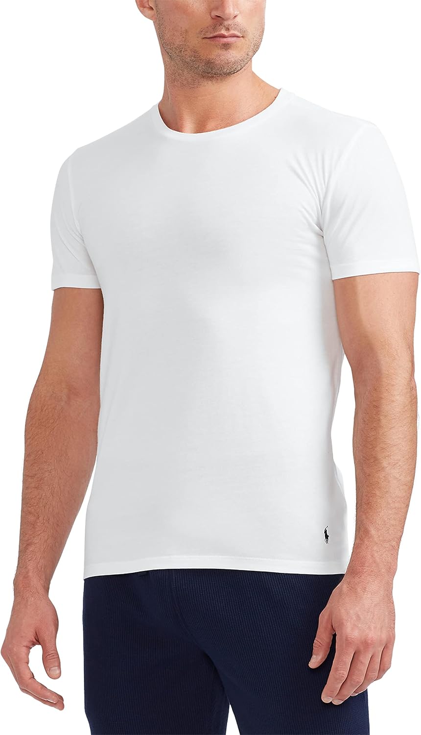 POLO RALPH LAUREN Мужская классическая майка с влагоотводящим эффектом, 3 штуки, экипаж, White/Navy - 3 Pack — фото 2