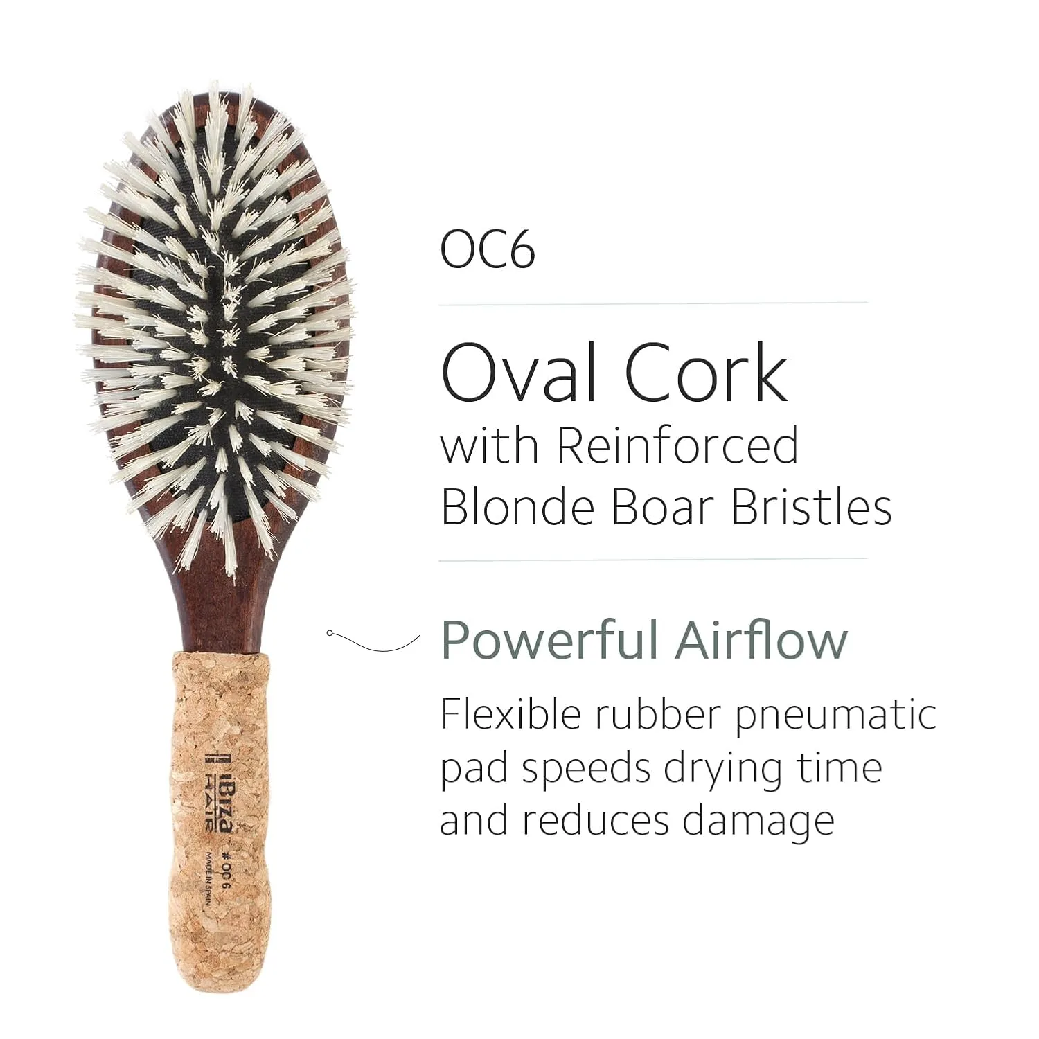 Щетка для волос Ibiza Hair Oval Boar Flat Brush (OC Series) с усиленной щетиной из кабана и нейлона, пробковой ручкой, термостойкая 1 штука (1 шт.) — фото 2