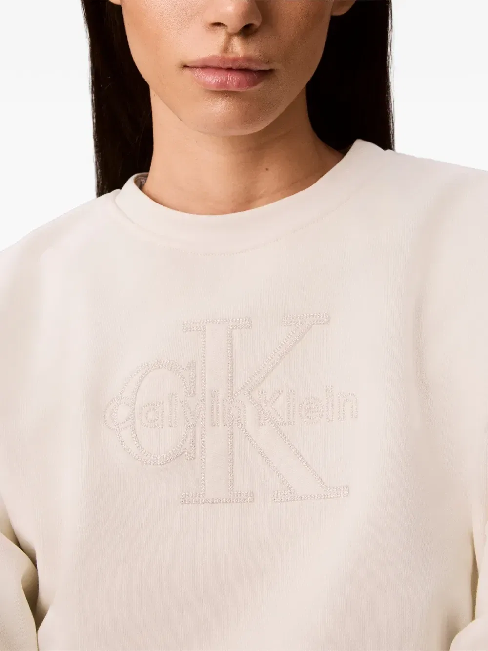 Свитшот с вышитым логотипом и круглым вырезом Calvin Klein, бежевый — фото 4