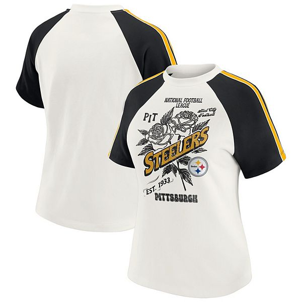 

Женская белая футболка raglan pittsburgh steelers с рукавом в полоску и эффектом поношенности Wear By Erin Andrews