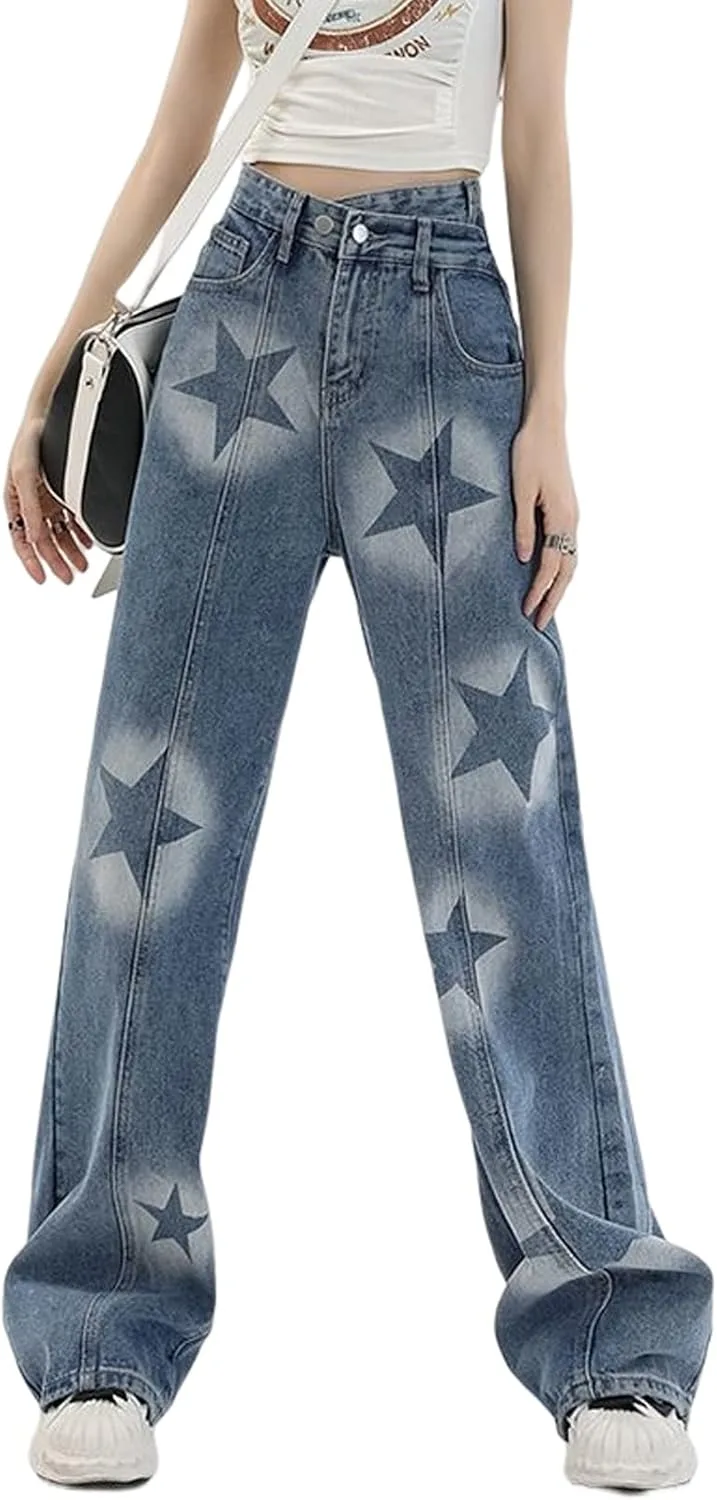 

Женские джинсы в стиле бойфренд с принтом звезд HBER