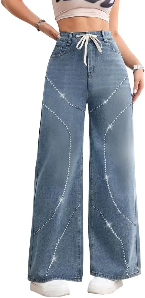 

Женские джинсы High Waisted с кружевной шнуровкой Y2K, Straight Leg, с пайетками TACSTRUN