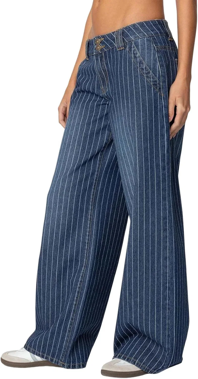 Джинсы с высокой талией, полоски, Baggy, синие